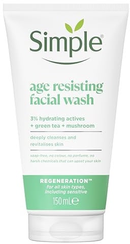 Simple Regeneration Age Resisting Facial Wash with green tea and prebiotic cleanser for revived and revitalised skin 150 ml