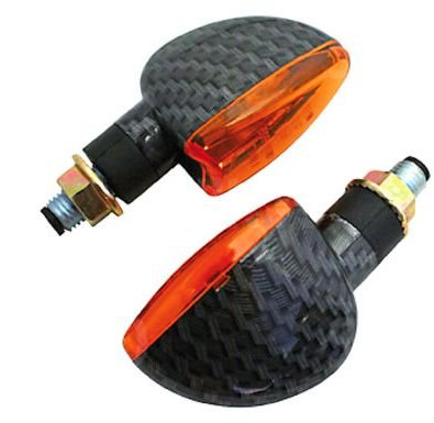 Streetparts24 SHIN YO Mini Blinker Set ARROW Carbon E-geprüft - 12V 21W BAY9S, M10 Gewindebolzen, Kunststoffgehäuse im Carbonlook, Gelbes Glas, 44mm x 71mm, 1 Paar