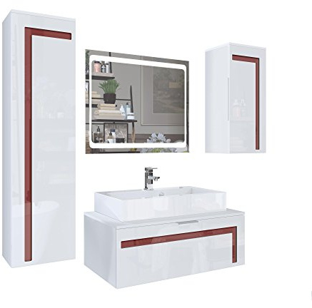 Vladon Juego de Muebles de baño Armario Aloha V2, Carcasa en Blanco Mate/Frentes en Blanco Alto Brillo y Laterales en Burdeos Alto Brillo con Lavabo sobre encimera y Grifo (M1) y Espejo LED