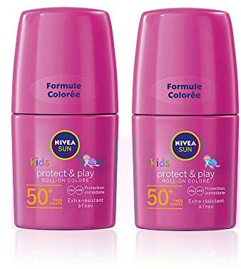 NIVEA SUN Kids Schutz & Pflege farbiger Sonnen-Roller im 2er Pack (2 x 50 ml), praktische Sonnencreme mit LSF 50+, Sonnenlotion mit Färbung zum lückenlosen Auftragen