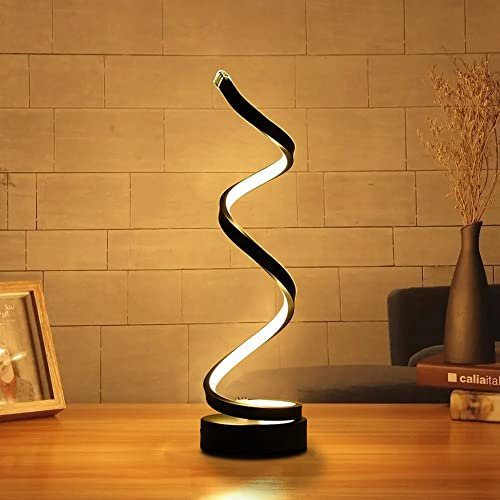 ELINKUME Dimmable LED Spiral Table Lamp - 12W Warm White Eye-Caring LED Curved Bedside Lamp - Black