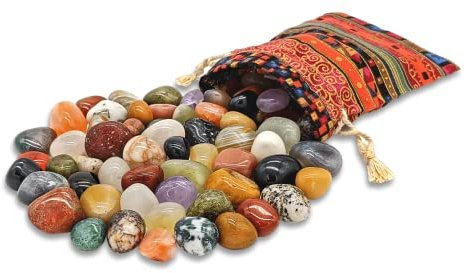 Edelstein-Set Colludo | Natürliche Trommelsteine in verschiedenen Größen | Praktisch im bunten Stoffbeutel | Ideal zur Dekoration, als Heilsteine & Handschmeichler, Spiele uvm. (XS (0,5-1,3 cm))