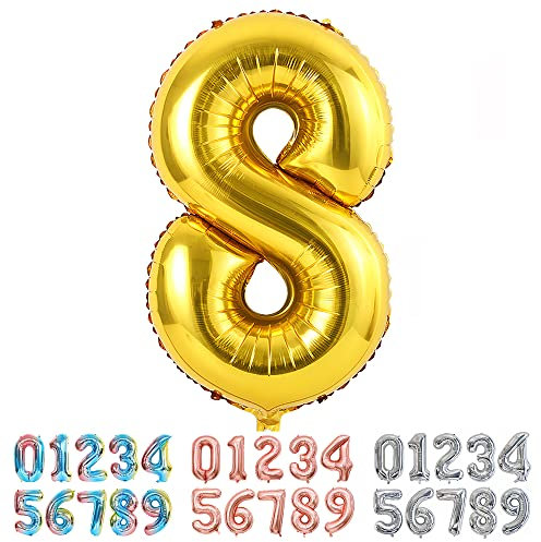 Ponmoo Luftballon Zahl 8 Gold, Riesen Nummer 0 1 2 3 4 5 6 7 8 9 10-19 20-29 30-39 40 50 60 70 80 90 100, groß Folienballons für Hochzeit Jubiläum, Geburtstagsballons Party Dekoration