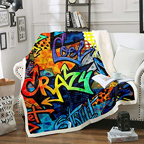 Homewish Graffiti Decke werfen Hip Hop Sherpa Decke Bunte Straßenkultur Hippie Fleece Decke für Kinder Teen Jungen Mädchen Morden Urban Style Hipster Fuzzy Decke Sofa Dekor 150x200