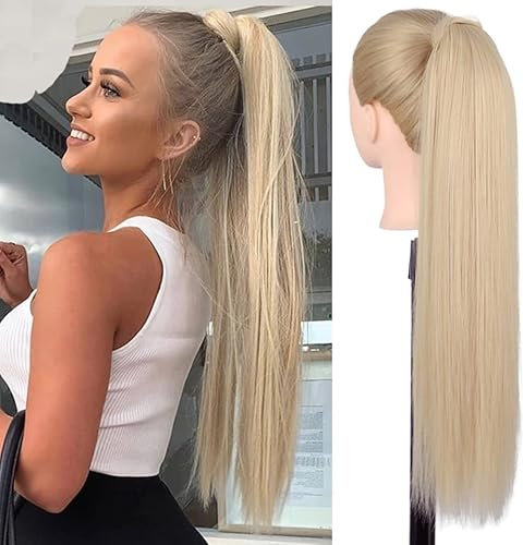Ponytail Extensions Clip in Haarteil Pferdeschwanz Extension Blond Lang Glatt Haarverlängerunge Verlängerung Kunsthaar Natürliches Zopf Magic Paste Wrap Around Ponytail Hairpiece m27/613 071J