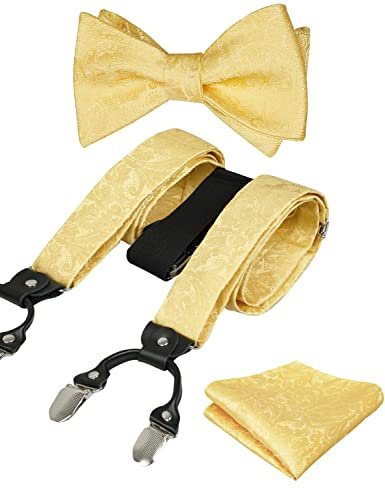 Alizeal Herren verstellbare Blumen Paisley selbst gebundene Fliege, Einstecktuch und elastische Y-Form 6 Clips Hosenträger Set, Golden