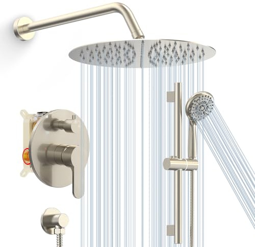 SR SUN RISE 12 Inch Rain Shower System, High Pressure Shower Heads and Handheld 6-Spray Combo Set Slide Bar Shower Faucets Sets Complete Included Valve and Trim Kit for Bathroom, Brushed Nickel