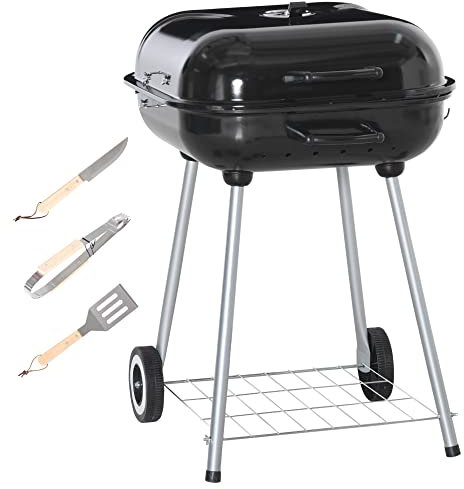 Outsunny Barbecue à charbon BBQ avec 2 roues, ustensiles, couvercle et étagère dim. 56L x 62l x 82H cm - métal émaillé noir