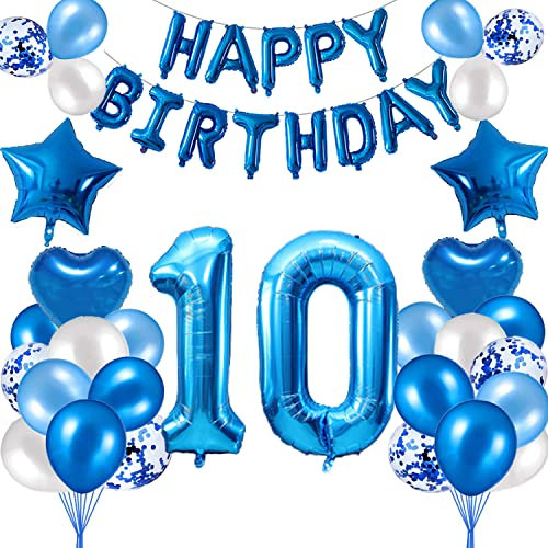 HCRXVV 10. Geburtstag Dekoration Blau 10 Jahr Jungen Geburtstagsdeko Set,Blaue Happy Birthday Girlande Banner Folienballon Jungen Party Deko Geburtstag Party für Wohnzimmer,Luftballons Zahl 10 Blau