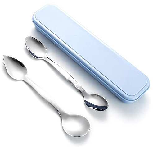 ARFUKA Juego de 2 cucharas de pomelo dentadas de doble cabeza de pomelo cuchara raspadora de barro cuchara de pomelo de acero inoxidable con caja de almacenamiento para kiwi, postre, manzana, cítricos