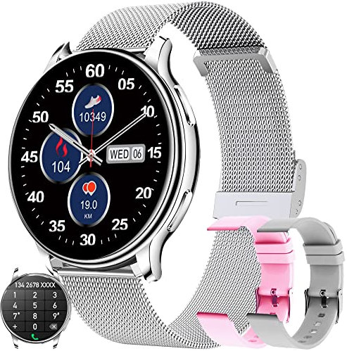 Smartwatch Damen mit Telefonfunktion 1.32 Zoll HD, Armbanduhr SpO2 Pulsmesser Schlafmonitor Menstruationszyklus Schrittzähler Musikplayer Fitness Tracker Android iOS,Geschenke für Frauen (Silber)