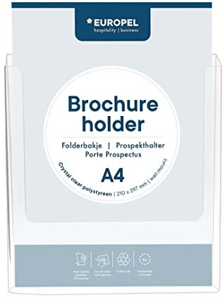 Europel A4 Prospekthalter aus transparentem Acryl, Wandbefestigung, Präsentationsständer, Spender, Prospekte, Flyer, Menü, Büro, Restaurant, Hotel