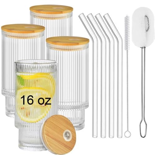 ALINK Ribbed Glassware, Ribbed Drinking Glass Cups 480ml with Lids and Glass Straws, Vintage Iced Coffee Cups, Origami Style Ridged Glass Tumbler for Coocktail, Whiskey, Water