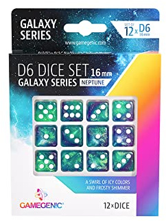 Gamegenic, Galaxy Series – Neptune – D6 Dice Set 16 mm, Zubehör | Set aus 12 hochwertigen W6 aus Acryl, Ansprechende Farben und Glanzeffekte mit funkelnden Partikeln, Würfelgröße: 16 mm