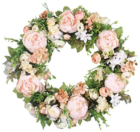 Peony Wreath, 50cm/20inch Artificial Peony Flower Wreaths with Leaves, Summer Front Door Hanging Flower Garland, Silk Flower Welcome Sign Ornament for Wedding Decoration (Light Pink)
