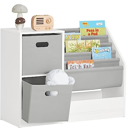 SoBuy Bibliothèque pour Enfants, Organisateur Jouets et Livres, Étagère de Rangement pour Enfants avec 2 Paniers, 5 Étagères et 1 Compartiment, 80 x 30 x 61 cm, Blanc, KMB76-W