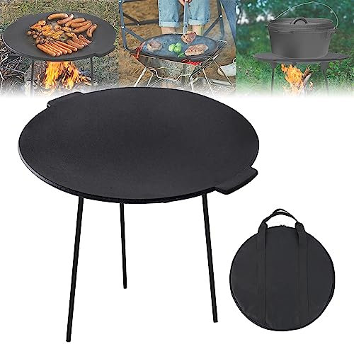 YARDIN Gusseisen Grillpfanne Abnehmbar mit 3 Beinen, Ø45cm Rund Dreibein Gusseisen BBQ Grillplatte mit Griff, Dutch Oven Grillwanne Grillzubehör Feuer Grillschale für Camping Garten