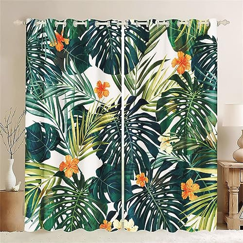 SMchwbc Lot de 2 rideaux opaques - Feuilles de palmier vert - Rideaux tropicaux - Pour chambre à coucher - Impression 3D - 100 % polyester - Feuilles - Lot de 2 (1,100 x 140 cm (2 x 50 x 140 cm)