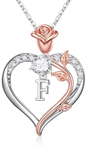TINGN Rosen Herz Buchstaben Halskette Damen, 14K Weißgold Vergoldet Herz Kette mit Buchstaben Geschenke für Mutter Frauen Freundin Mädchen, Geschenke für Geburtstag Hochzeit Weihnachten Valentinstag
