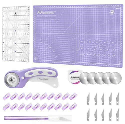 Headley Tools Ensemble de cutter rotatif – Coupe-tissu de 45 mm, 5 lames rotatives supplémentaires, tapis de découpe A3, règle de matelassage et pinces à coudre, ensemble de couteaux artisanaux, idéal