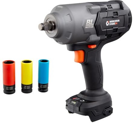 WS24 Akku Schlagschrauber 18V, 1/2 Zoll Aufnahme, bürstenloser Motor mit 950NM Drehmoment, inkl. 3tlg. Steckschlüssel Set KFZ