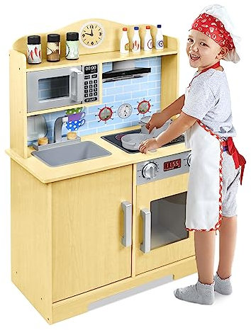 XMTECH Cuisine pour enfants - En bois - Jouet de cuisine avec lavabo et micro-ondes - Ustensiles de cuisine inclus - 56 x 28,5 x 92 cm