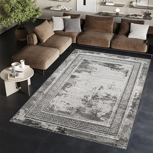 TAPISO Ares Teppich Kurzflor Glänzend Dunkelgrau Grau Rahmen Verwischt Klassisch 3D Effekt Wohnzimmer Schlafzimmer ÖKO-TEX 250 x 350 cm