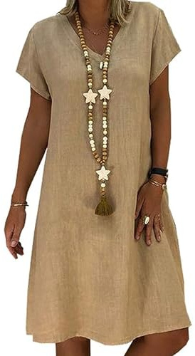 AUDATE Womens Casual Dress Linen Cotton Summer Beach Short Sleeve T-Shirt Dress Solid V Neck Mini Dress with Pocket Khaki XXL