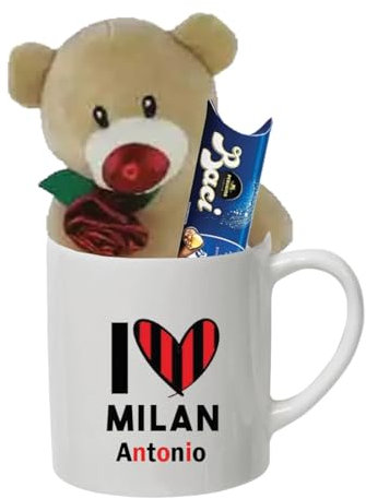 irpot Tazza Squadra del Cuore personalizzabile con peluche orsetto da 15 cm baci di cioccolato idea regalo tifoso San Valentin festa degli innamorati amore love (I Love Milan)