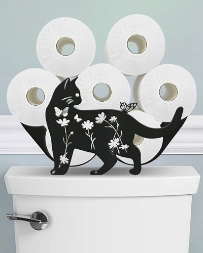 Wigag Cat Toilet Paper Holder Stand, Decorative Toilet Paper Storage | Holds Up to 8 TP Rolls, Matte Black Metal, Keeps Extra Rolls Organized and Within Easy Reach, Cute & Fun Bathroom Decor
