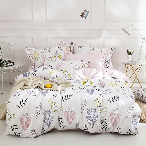 Lanqinglv Bettwäsche 220x240 Mädchen Rosa Weiß Blumen Blätter Kinder Bettwäsche Herzen aus Microfaser,ÖKO-TEX Bettwäsche Set - Bettbezug mit Reißverschluss und 2 Kissenbezug 80x80 cm