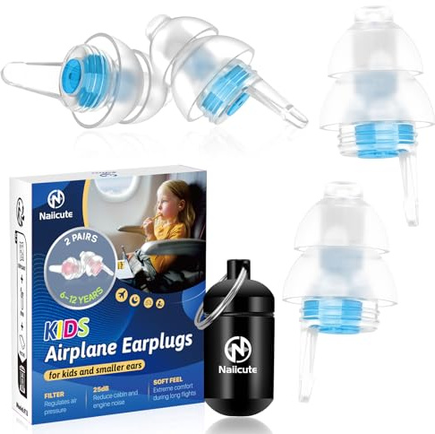 Naiicute Kids Ear Plugs 6-12yrs, Airplane Travel Pressure Relief, 2 Pairs | Reusable Ear Protection Child Adult Smaller Ears, Pressure Filtering Noise Reduction 25dB, Sensitivity Concert Focus School