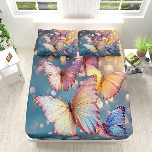 Schmetterling Glitzer Spannbettlaken 90x200cm Weiche Mikrofaser Boxspringbett Bettlaken, Dekorativer Stoff Spannbetttuch, Rund-um Elastischem Gummizug, für Matratzen von 5-30 cm