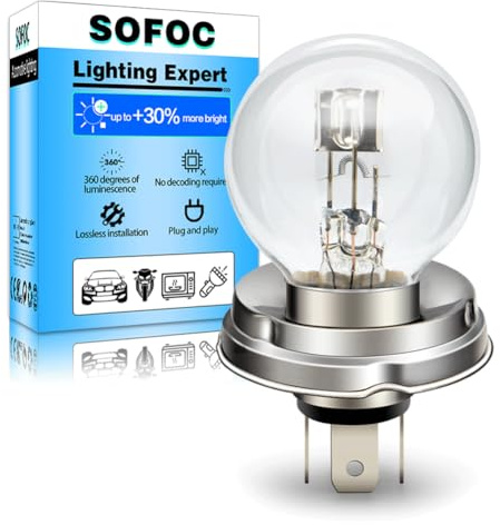 SOFOC P45T R2 12V 45/40W Halogenlampe für Motorrad, Oldtimer und Traktor G40 Warmweiß Fern-/Abblendlicht 3-Pin Voradapter-Sockel 1 Stück