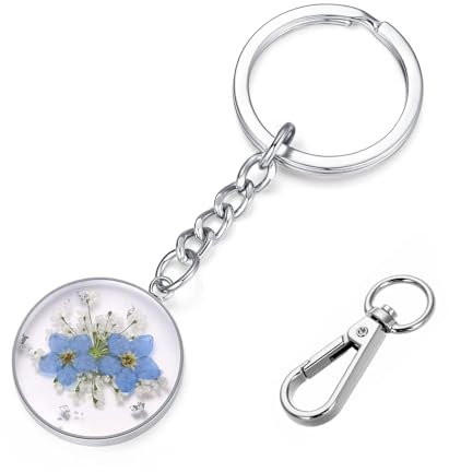 Fitbitop Vergissmeinnicht Geschenk Vergissmeinnicht Schlüsselanhänger Blume, Echte Blume handgemachter Schlüsselanhänger, Getrocknete gepresste Blumen Schlüsselanhänger Charms