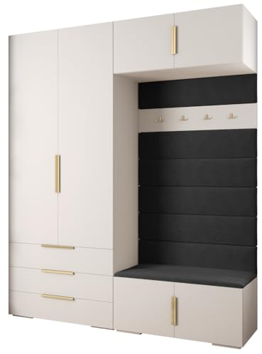 MEBLE KRYSPOL Inova 1 Möbelset - Moderne Garderobe - für Schlafzimmer, Wohnzimmer, Flur, Kinderzimmer - Ankleidemöbel - 236,7x200x47cm - Weiß, Paneele Manila 18, Handgriff Gold