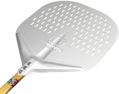 GIEMME Pala para pizza perforada de aluminio – Para pizzas de 33 cm – Pala profesional para horno de leña (Cabeza de 33 cm personalizada, Longitud del mango 60 cm)