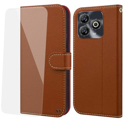 NP-Caser Handyhülle für ZTE Blade A75 4G Hülle [mit Panzer Schutz Glas], Premium Lederhülle mit Kartenfächern [Klappbar Flip case] [Standfunktion] Handy Schutzhülle für ZTE Blade A75 4G, Braun