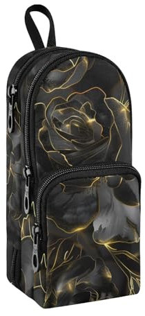 Black Gold Rose Pencil Case, Big Capacity Pen Bag with Compartment Students Schoolbag Shape Stationery Organizer Pencil Pouch Marker Case for School Office Work
