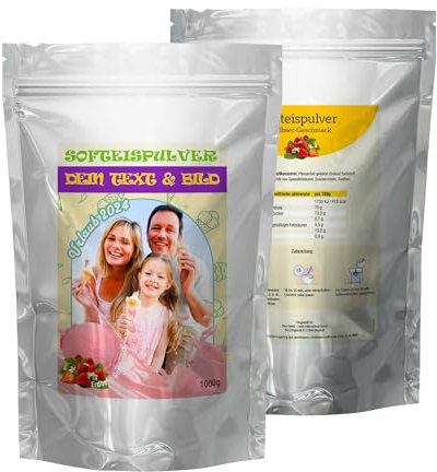 INDIGOS UG - 1000g Erdbeereispulver - Erdbeere - individuell personalisiert mit Foto und Wunschtext - Geschenk - Fotoidee für Softeis Maschine und Kugeleis