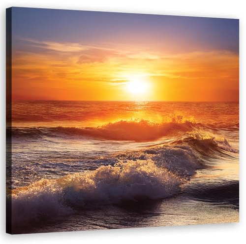 Feeby Wandbild - Wohnzimmer Modern Deko - Meer Welle Sonnenuntergang - 80x80 1tlg - Bilder Leinwand - Bild auf Leinwand Schlafzimmer - Leinwandbilder für die Wand - Canvas Painting - Fotokunst