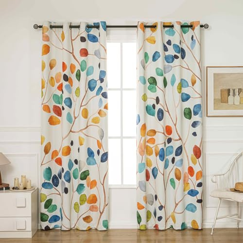 Emwnodti Fenstervorhang mit Blumenmuster, 2 Paneele, bunt, Blätter, Boho, Blume, Verdunkelungsvorhänge, Raumverdunkelung, Ösen, böhmische Vorhänge, Fenstervorhänge für Wohnzimmer, Schlafzimmer