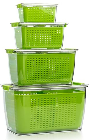 Crystals Fridge Organiser Storage Box Set of 4 – Stackable, BPA-Free Transparent Containers with Drain Tray & Air Vents for Kitchen, Pantry & Refrigerator (Green)