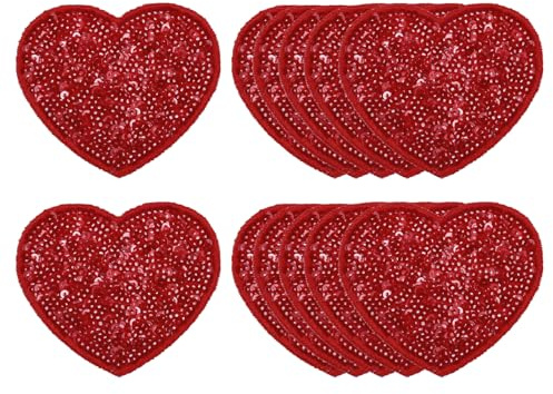QUARKZMAN 12 Stk. Pailletten-Herz-Aufbügelpatches, 2,7 x 2,4 Zoll Stickerei Pailletten-Patches zur Kleidungsreparatur Rucksack Schuhdekoration, leuchtendes Rot