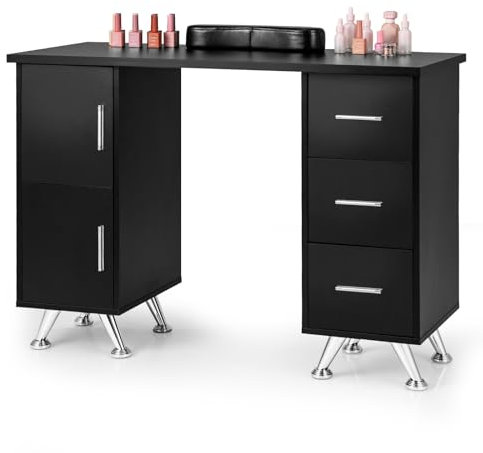 COSTWAY Manicure Table, Professional Nail Station Beauty Technician Desk with Wrist Rest, 3 Drawers and 2 Cabinets, 8 Metal Legs Art Spa Salon Workstation Nail Table (Black)