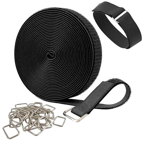 2cm X 10m Reusable Cable Ties Hook and Loop Tape with 50 Metal Buckles Free Cutting Length Adjustable Fastening Straps Cable Ties Nylon Fixing Straps for Cable Organization Cable Management Wir