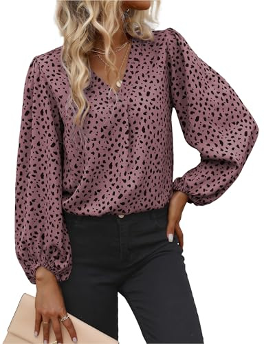 TELULYOO Langarm-Blusen für Damen, Leopardenmuster, Chiffon, V-Ausschnitt, modisch, Business-Shirt, elegant, lässig, Büro, Tunika, rose, S