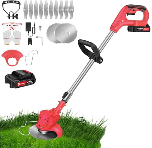 Cordless Strimmer 21V Electric Grass Trimmers with Li-ion Battery and Charger, 12PCS Metal Blades Cordless Strimmer Brush Cutter, Lawn Mower, Garden Strimmers for Garden Clearing Weeds Flower Trees