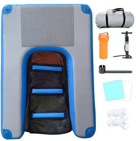 Hundebadeleiter Aufblasbare Hundepool-Ausstiegsrampe mit Pumpe/Seil/Reparaturset, PVC Rutschfeste Schwimmende Hunderampe für Seen/ Boote/ Anlegestellen/ Yachten, Tragbar & Wiederverwendbar(Blue,150L x