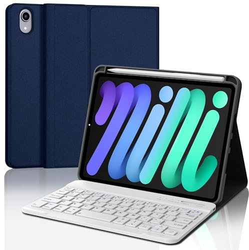 Keyboard Case for iPad Mini 7th (A17 Pro, 2024) & Mini-6th Gen 2021 Case with Keyboard, Smart Case for iPad Mini-7th Key Board with Pen Slot, Cute Cover with Keypad for Mini 7/6 8.3inch, Blue-white